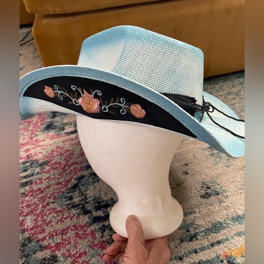 Angela &William Women's Western Straw Hat w/Badge and Floral Trim Blue - Picture 4 of 7
